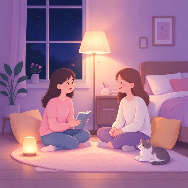 AI虚拟女友产品介绍插画：夜晚卧室里与温柔的她温馨聊天的场景